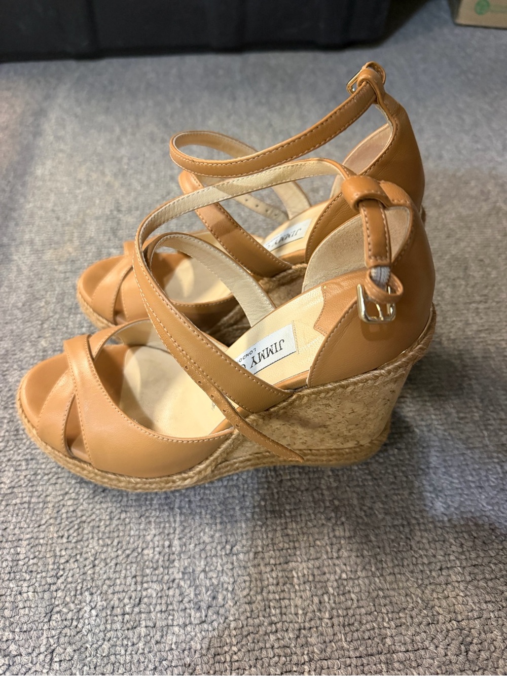 Jimmy Choo Camel Leather Cork Wedge Sandals